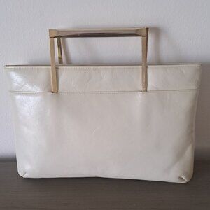 Vintage SUSAN GAIL Ivory Leather Hand Bag Clutch Purse Retractable Gold Handles